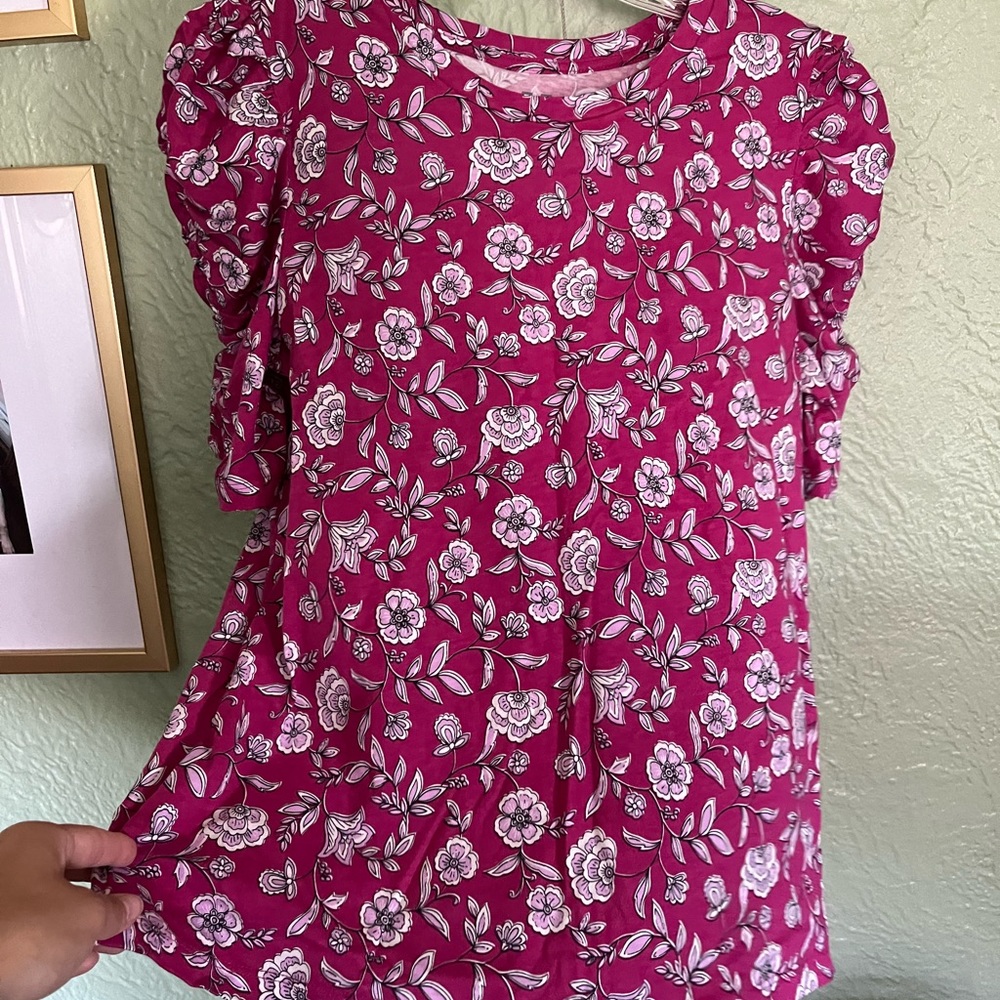 Loft Knit Pucker Sleeve Magenta Floral Tee